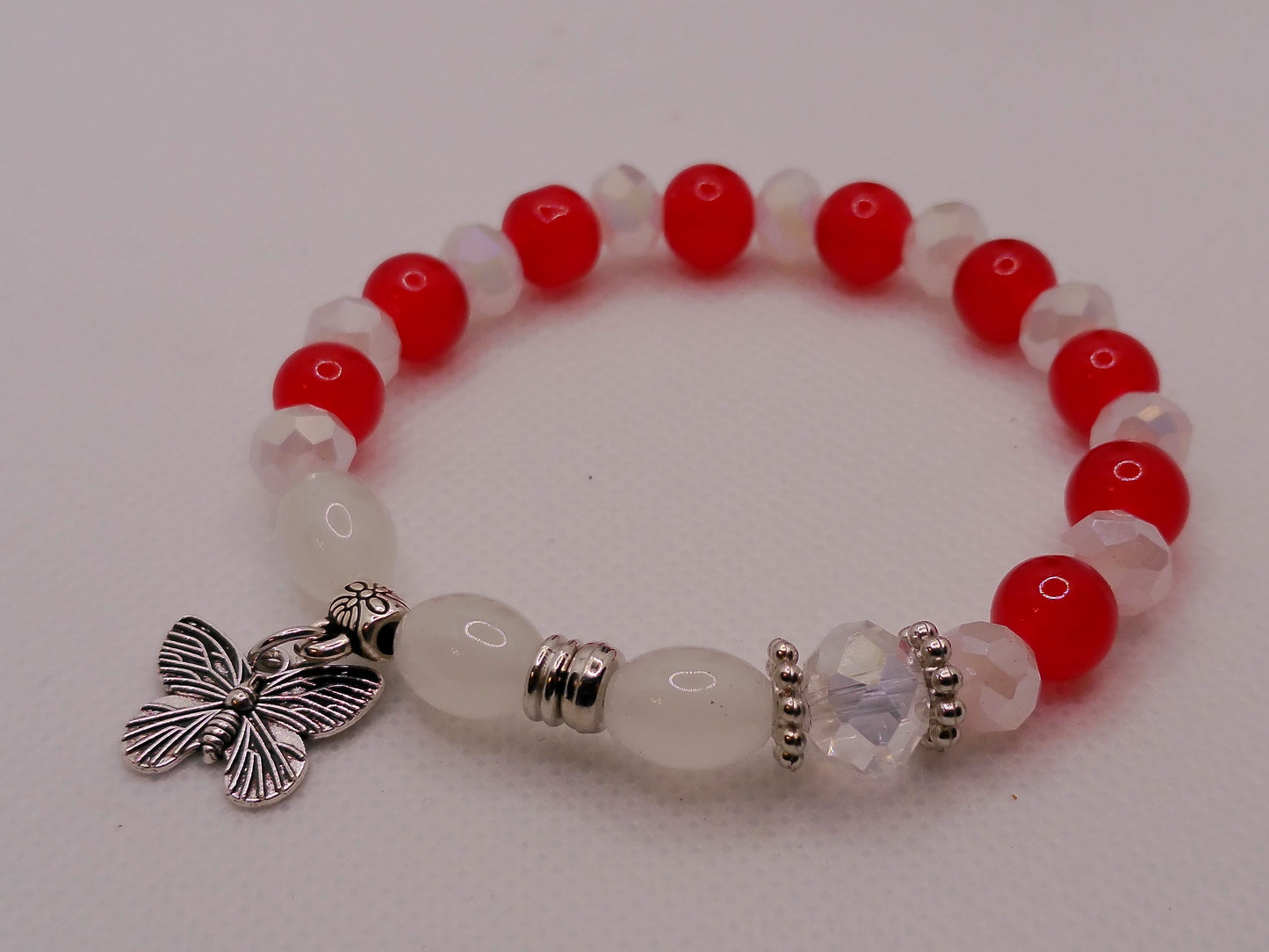 Red & White Crystal Butterfly Bracelet – Stretch Beaded Charm Jewelry