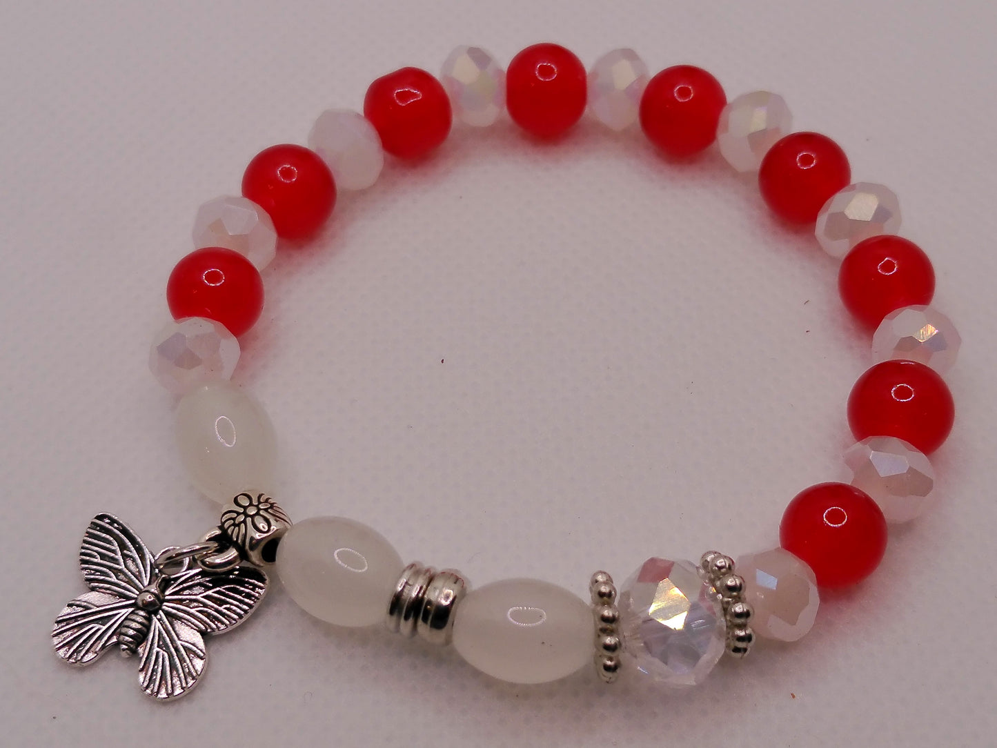 Red & White Crystal Butterfly Bracelet – Stretch Beaded Charm Jewelry