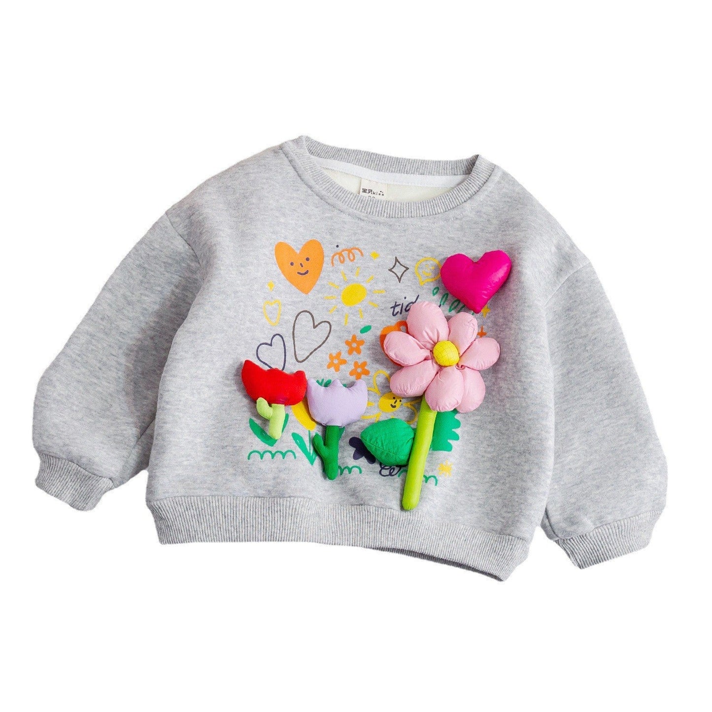 Gray children's sweatshirt with colorful floral and heart designs on a white background