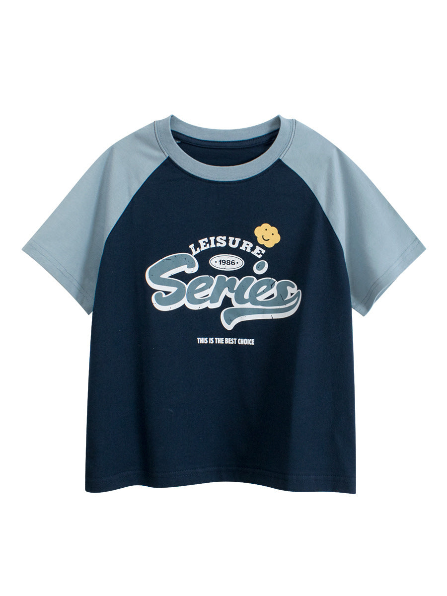 Navy blue and light blue baseball-style shirt with text on a white background