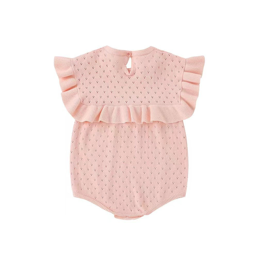 Pink baby romper with ruffled sleeves on a white background