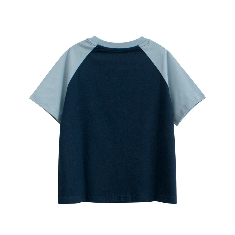 Navy blue t-shirt with light blue sleeves on a white background