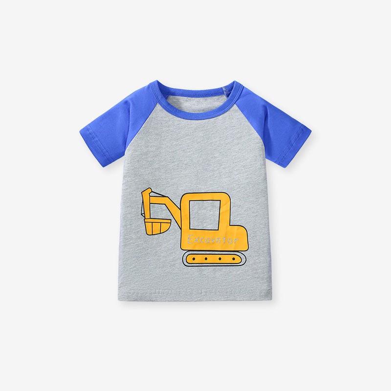 Children's t-shirt with a yellow excavator graphic on a gray background
