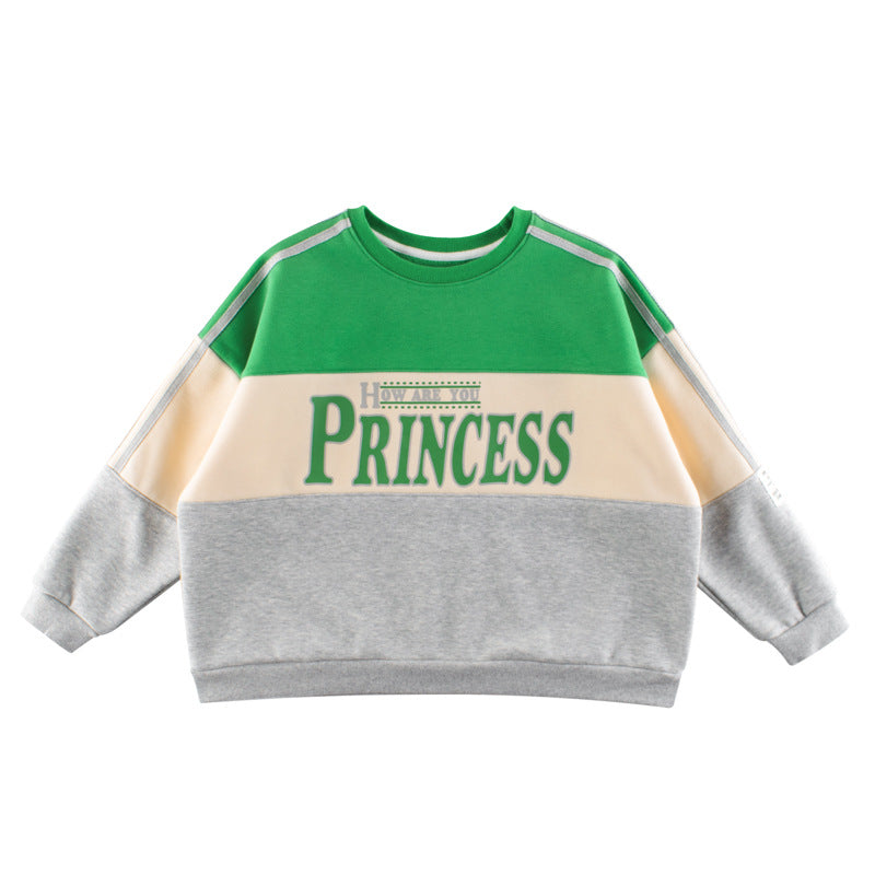 Color-blocked sweater with 'PRINCESS' text on a white background