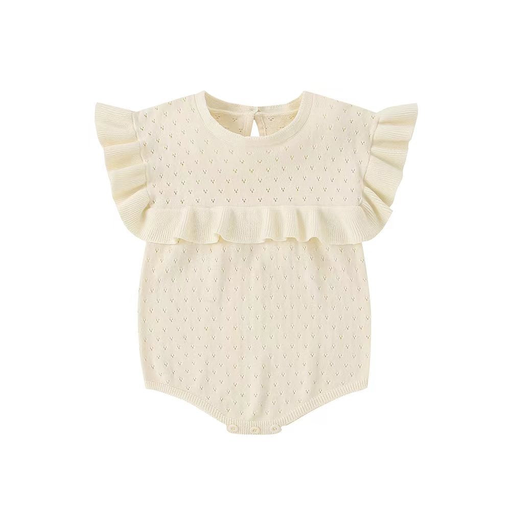 Cream-colored baby romper with ruffled sleeves on a white background
