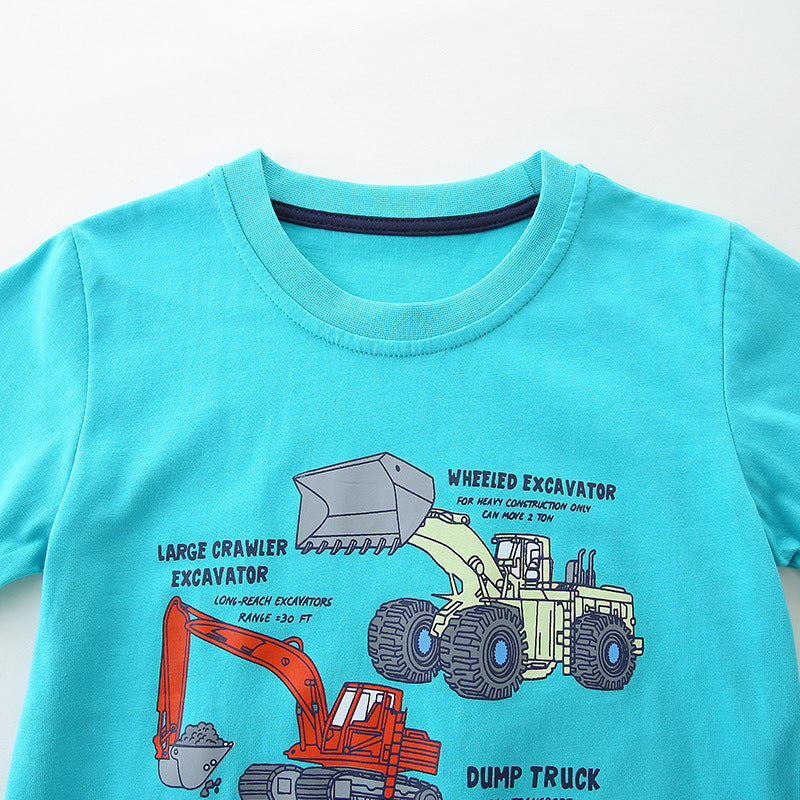 Excavators and Truck Cartoon Pattern T-shirt