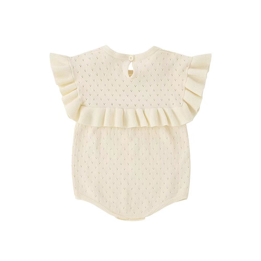 Cream-colored baby romper with ruffled sleeves on a white background