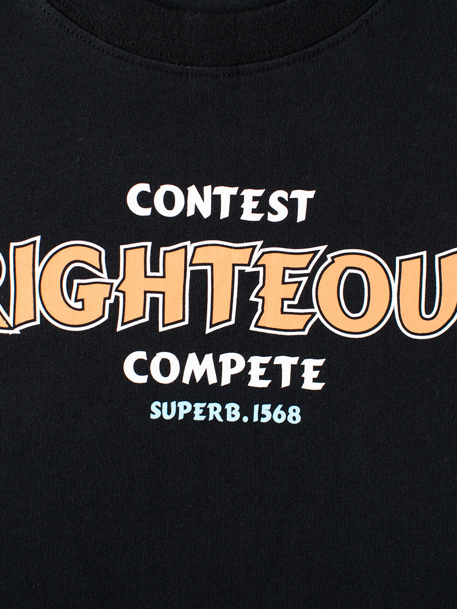 Black t-shirt with 'Contest Righteous Compete Superb.1568' text design.