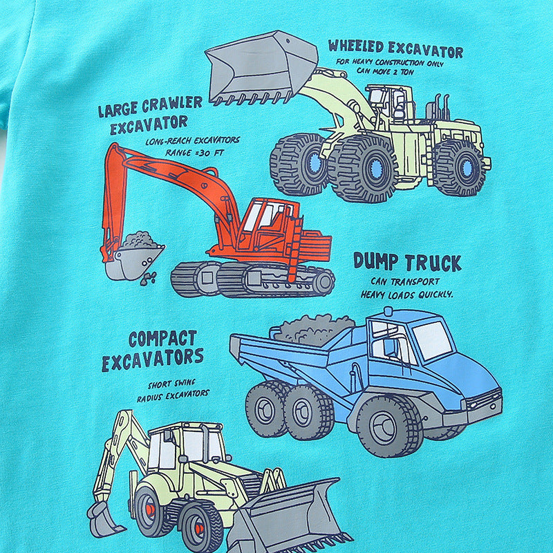Excavators and Truck Cartoon Pattern T-shirt
