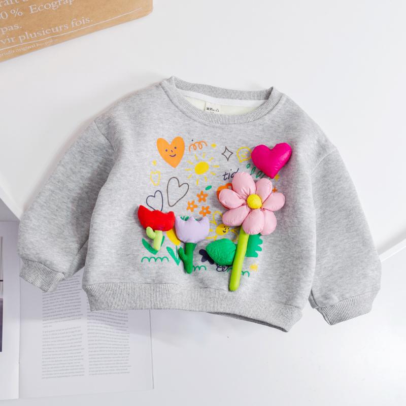 Gray children's sweatshirt with colorful floral designs on a white background