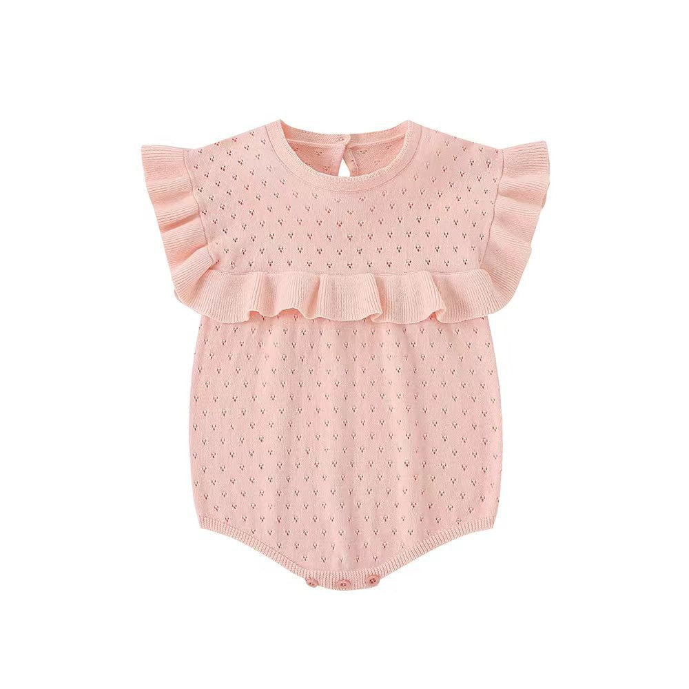 Pink baby romper with ruffled details on a white background