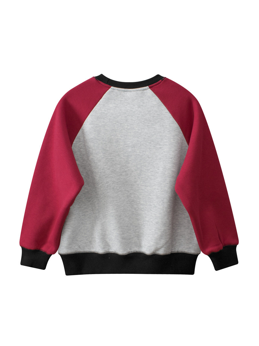 Sweatshirt with red sleeves and gray body on a white background