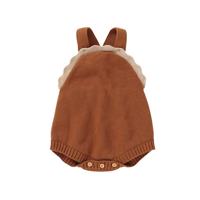 Brown knitted baby romper with ruffled trim on a white background