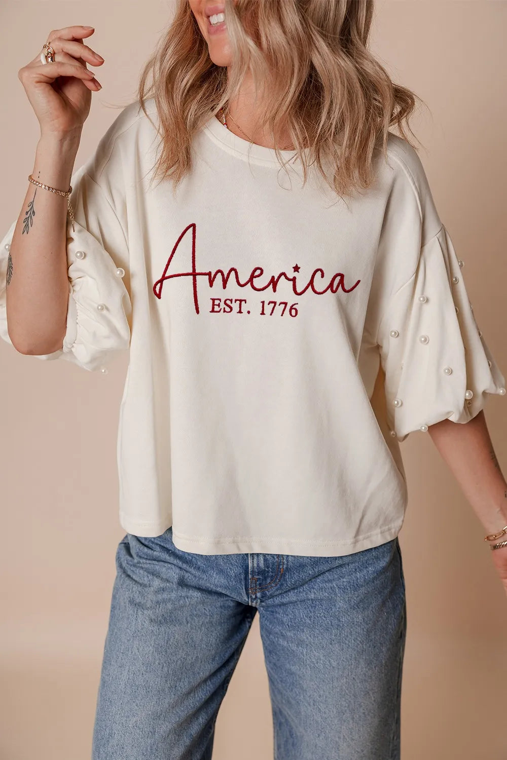 America EST. 1776 Pearl Sleeve Tee – Ivory