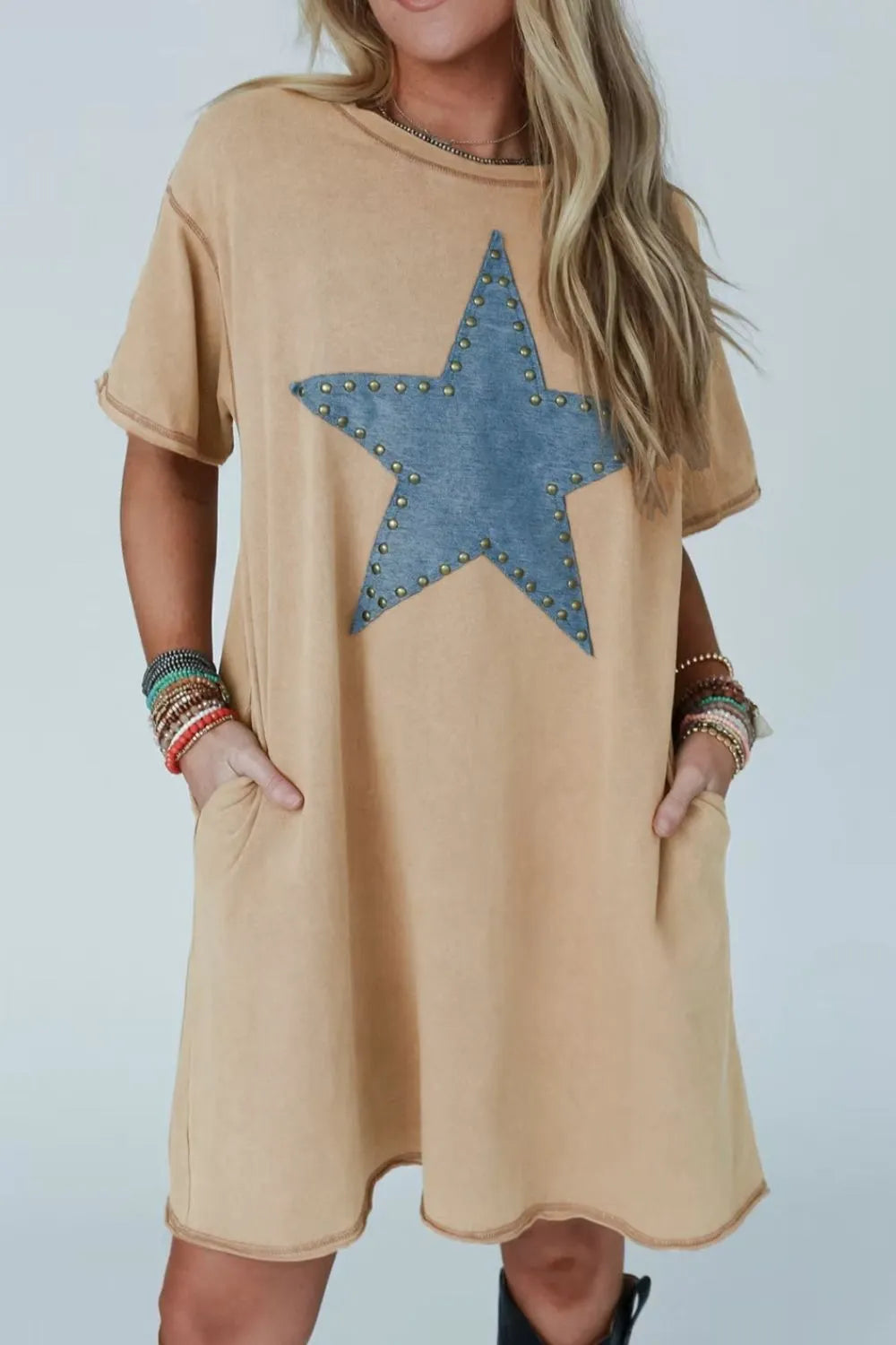 Studded Denim Star T-Shirt Dress – Camel