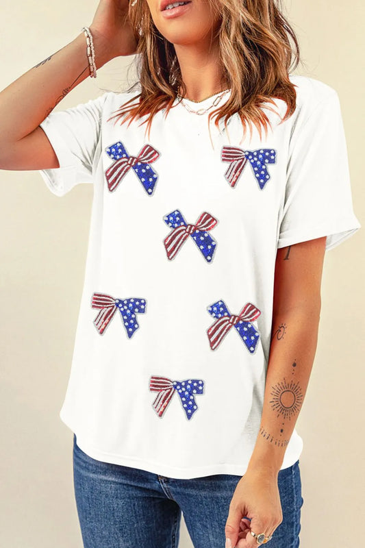 Patriotic Sequin Bow Allover Graphic Tee – White