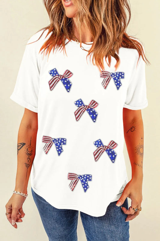 Patriotic Sequin Bow Allover Graphic Tee – White
