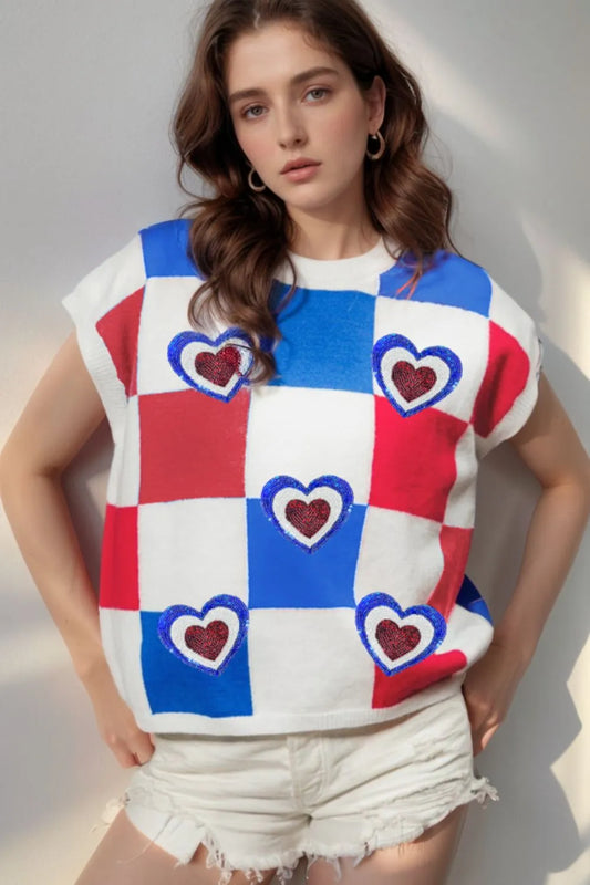 Sequin Stars & Hearts Checkered Knit Tank – Red, White & Blue