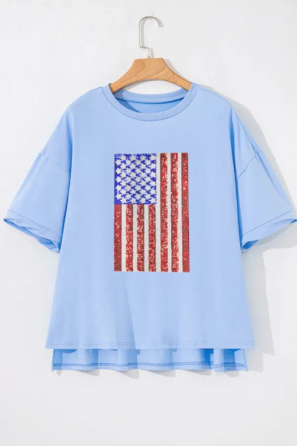 Sparkle & Shine Sequin Flag Tee – Light Blue