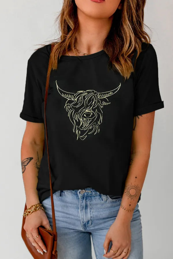Gold Highland Cow Embroidered Silhouette Tee – Black
