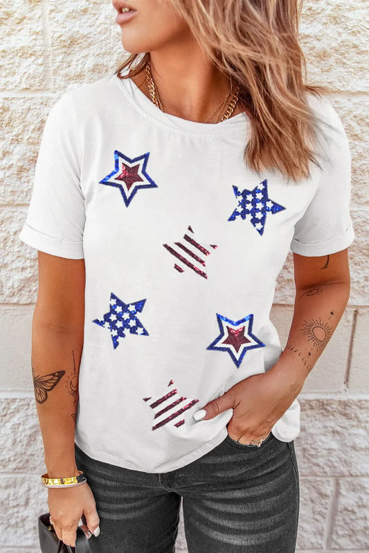 Sequined America Star Patch Graphic Tee – White