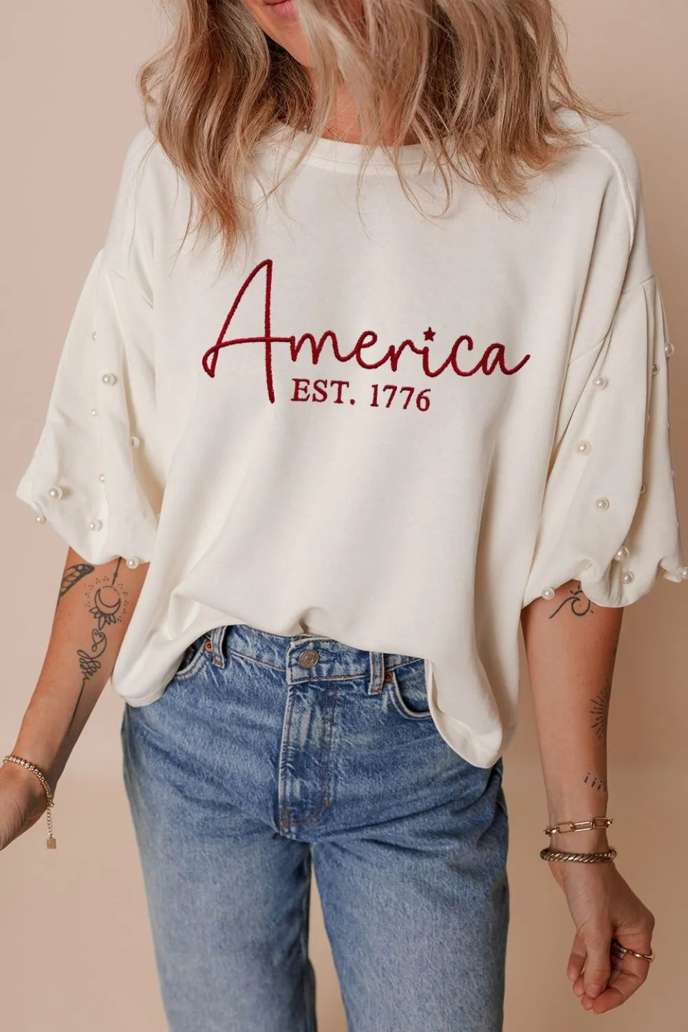 America EST. 1776 Pearl Sleeve Tee – Ivory