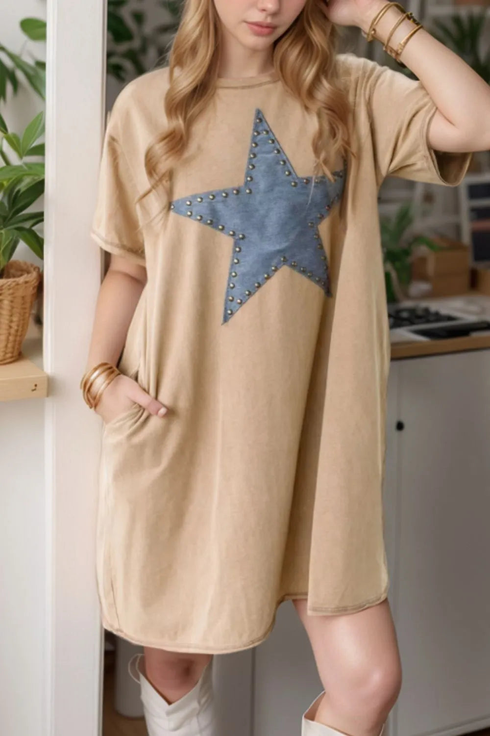 Studded Denim Star T-Shirt Dress – Camel