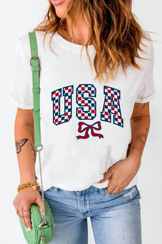 Checkered USA Bow Tee – White