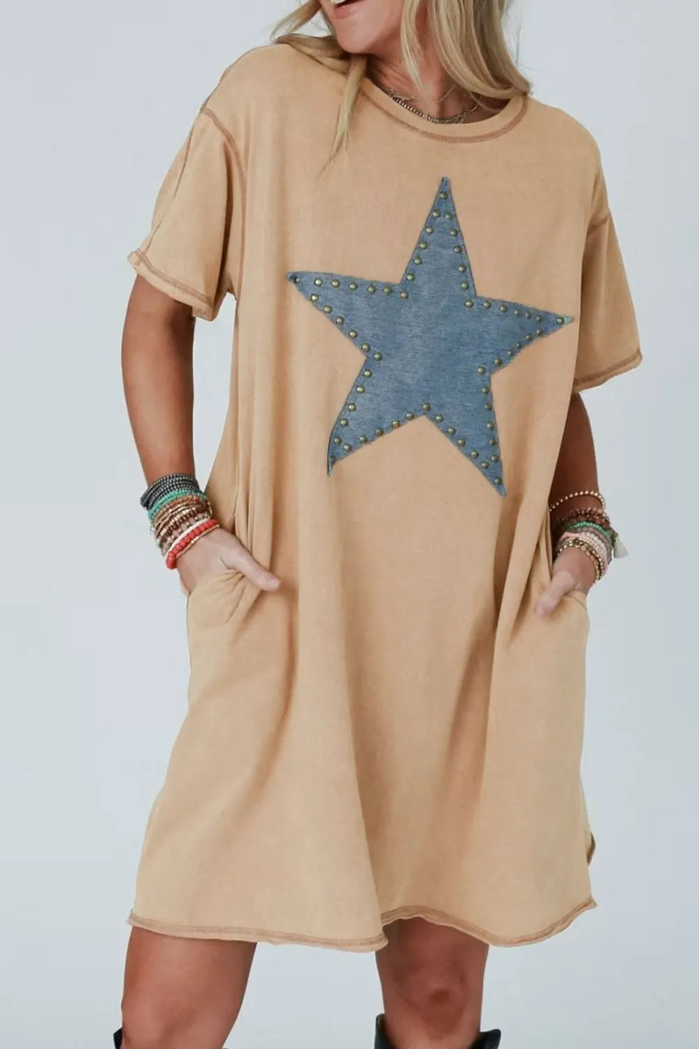 Studded Denim Star T-Shirt Dress – Camel
