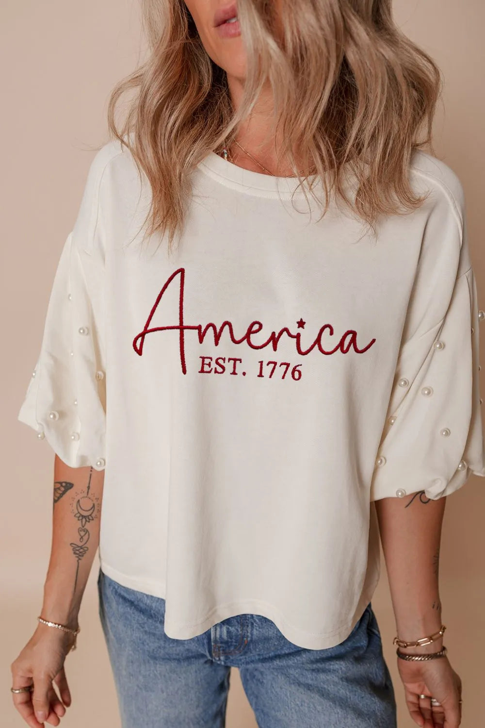America EST. 1776 Pearl Sleeve Tee – Ivory
