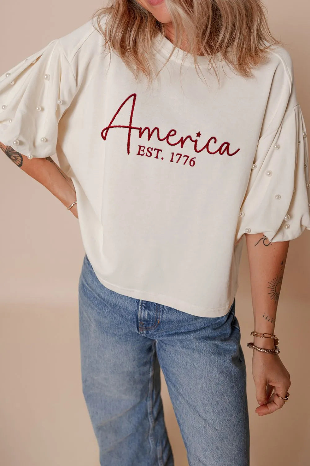America EST. 1776 Pearl Sleeve Tee – Ivory