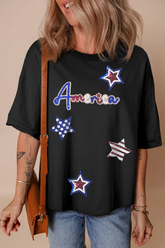 Sequined America Star Patch Graphic Tee – Black