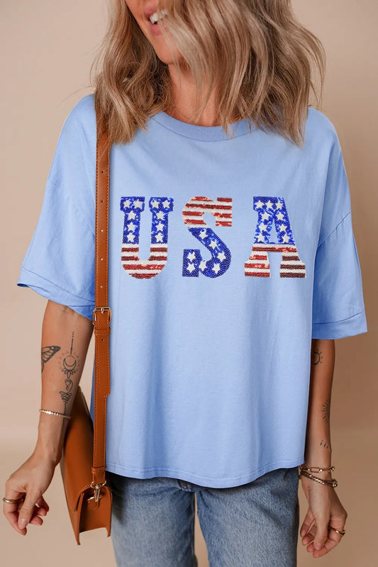 USA Patched Drop Sleeve Crewneck T Shirt