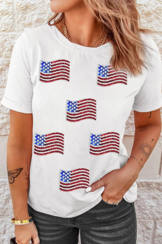 Sequin American Flag Allover Tee – White