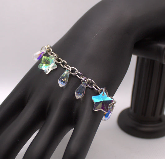 Iridescent Crystal Charm Bracelet with Star and Teardrop Accents