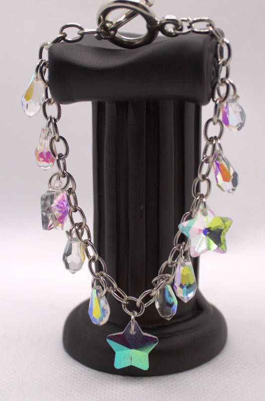 Iridescent Crystal Charm Bracelet with Star and Teardrop Accents