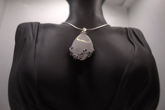 Moonlit Grace Pendant Necklace – White Stone & Silver Vine Detail