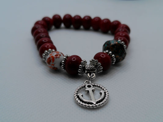 Nautical Charm Stretch Bracelet – Red Beaded Anchor Design