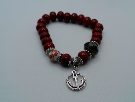 Nautical Charm Stretch Bracelet – Red Beaded Anchor Design