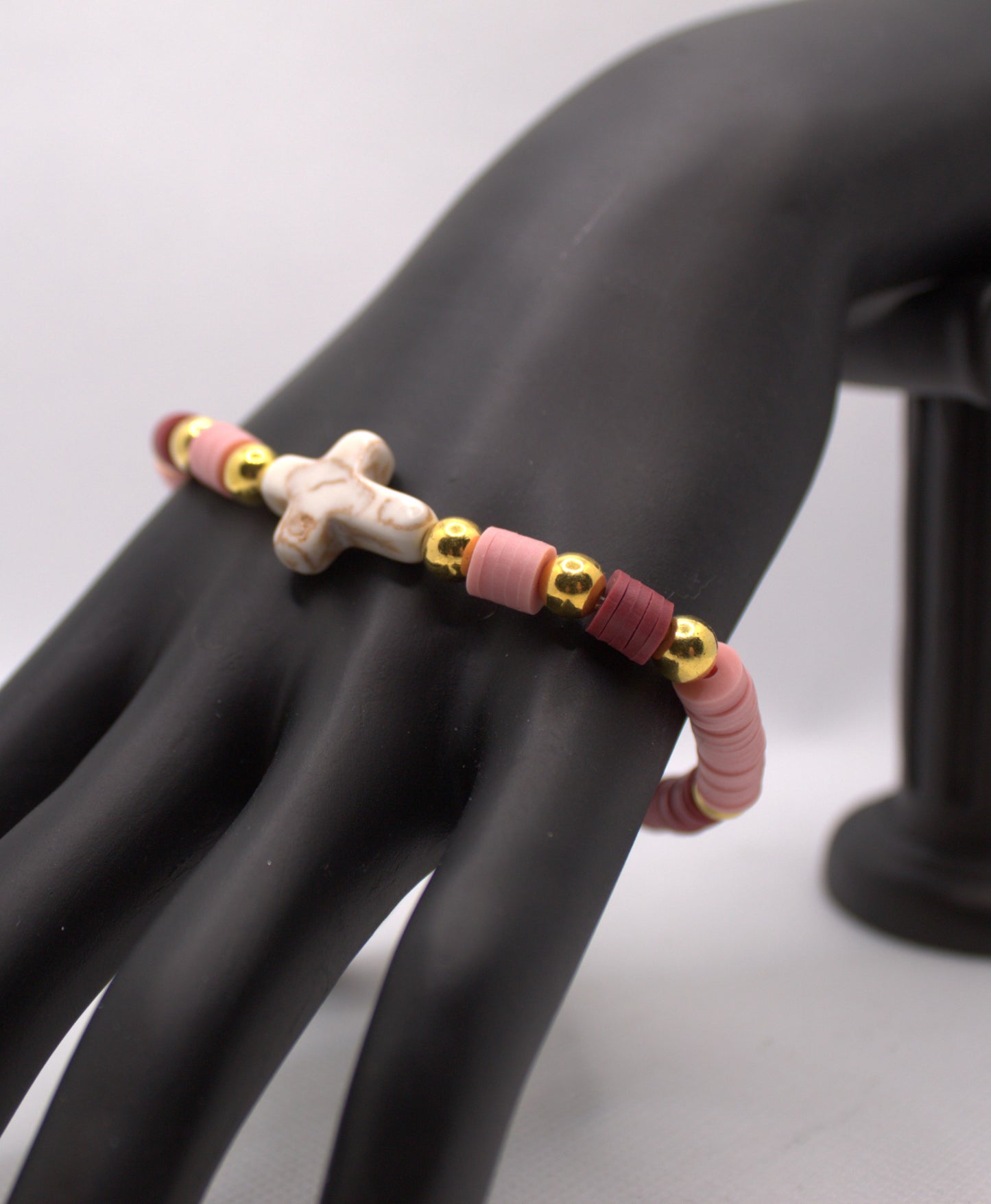 Pink and Gold Cross Beaded Stretch Bracelet