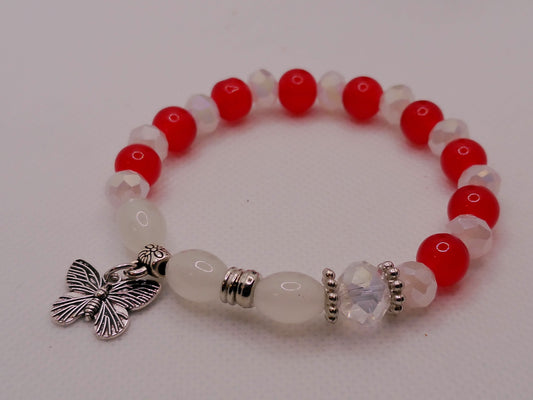 Red & White Crystal Butterfly Bracelet – Stretch Beaded Charm Jewelry