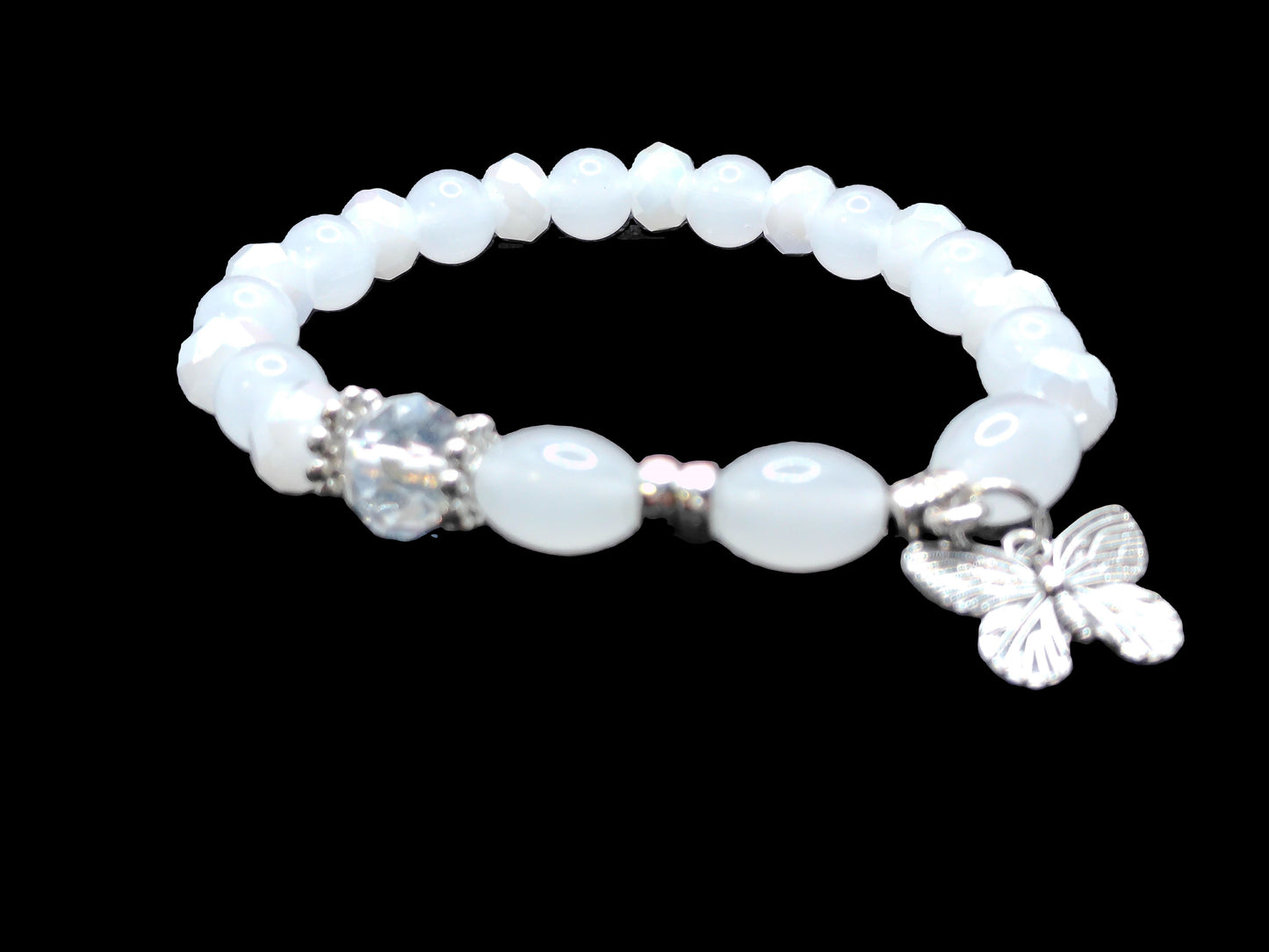White Crystal Beaded Bracelet with Butterfly Charm