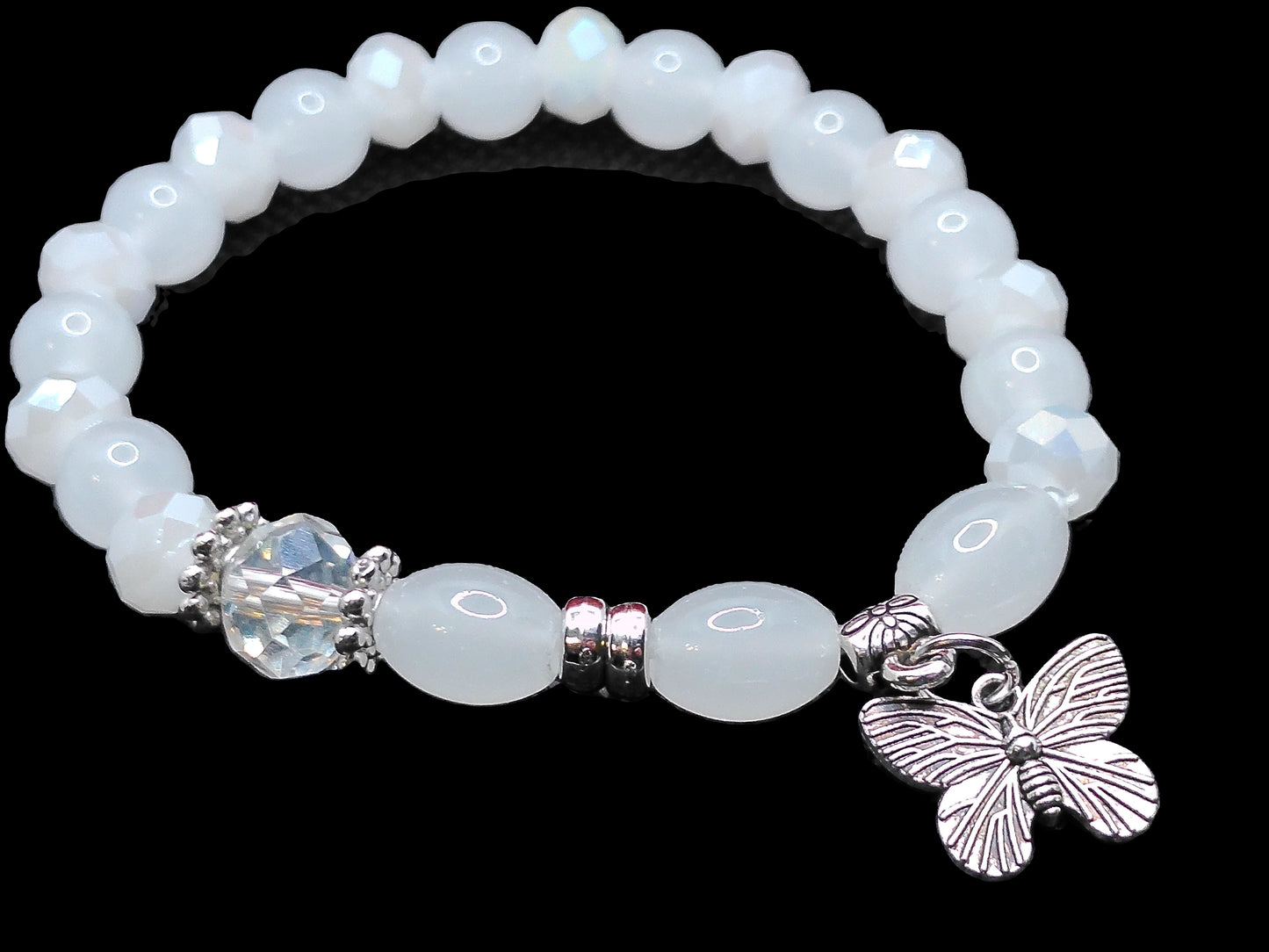 White Crystal Beaded Bracelet with Butterfly Charm