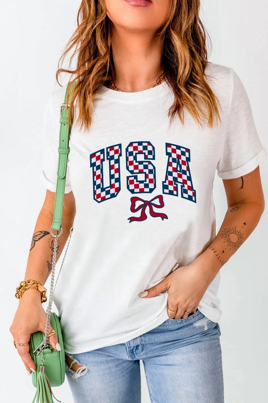 Checkered USA Bow Tee – White