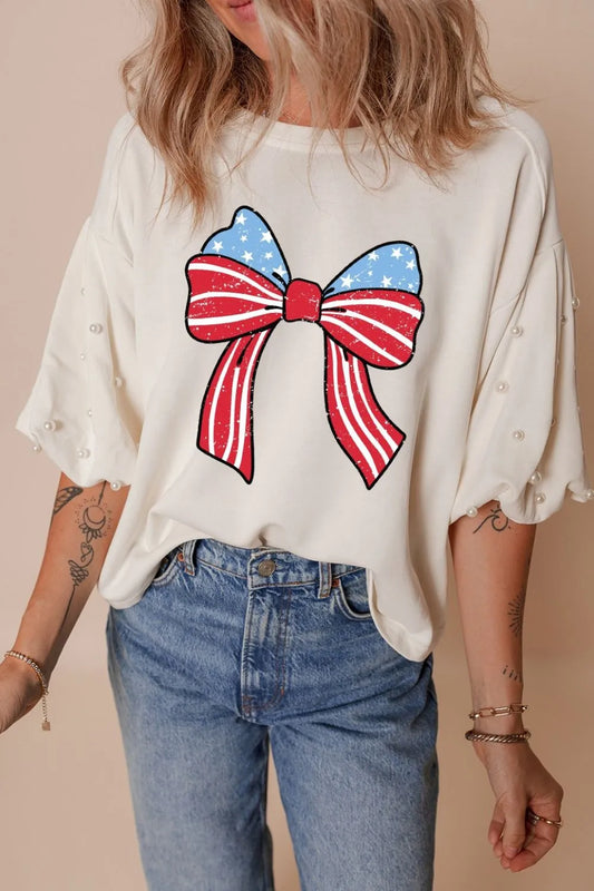 Patriotic Bow Graphic Top – Pearl Sleeve USA Pride Tee