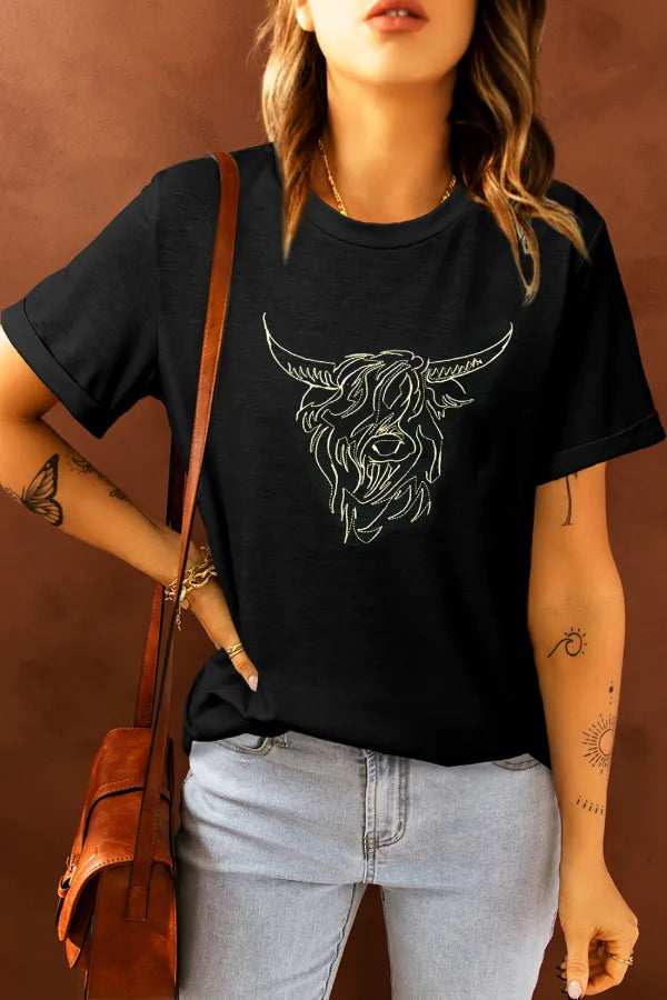 Gold Highland Cow Embroidered Silhouette Tee – Black