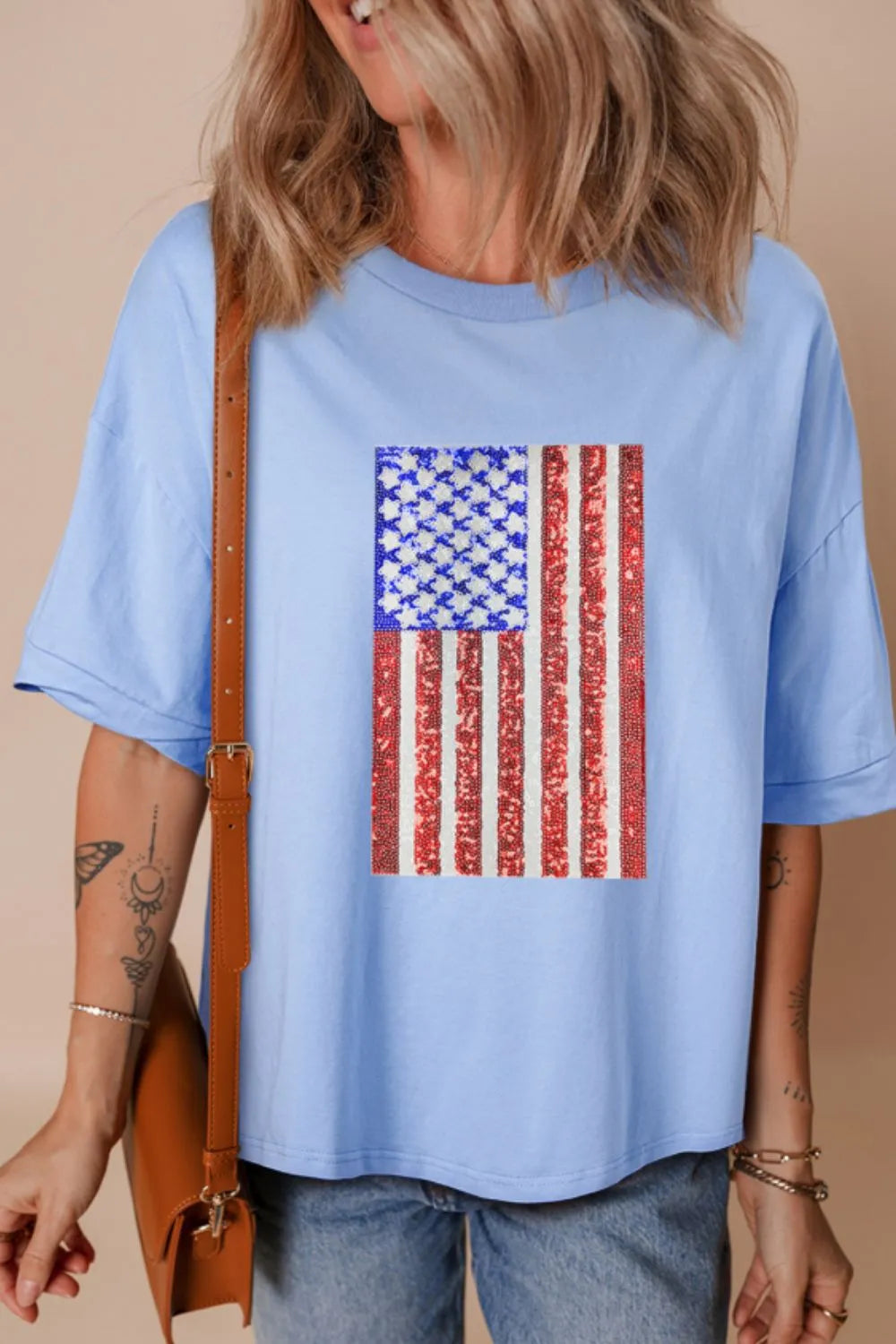 Sparkle & Shine Sequin Flag Tee – Light Blue