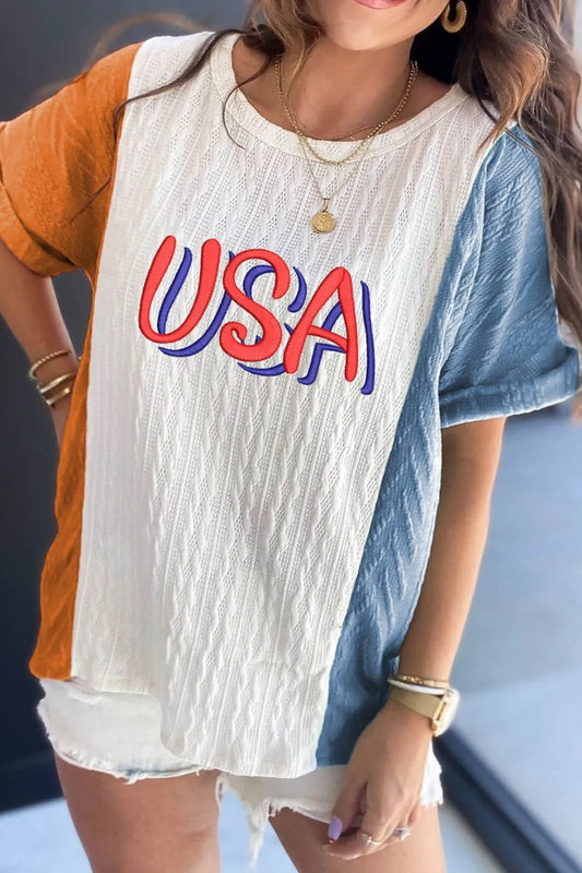 USA Embroidered Colorblock Cable Knit Tee