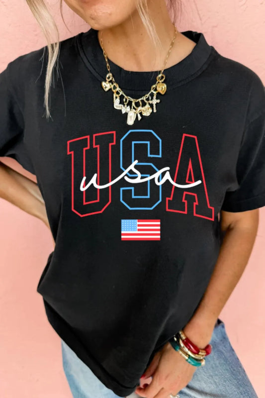 Retro Script USA Flag Tee – Black
