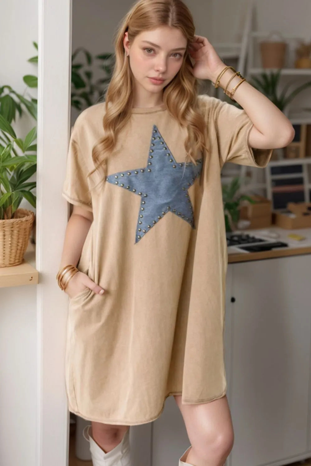 Studded Denim Star T-Shirt Dress – Camel